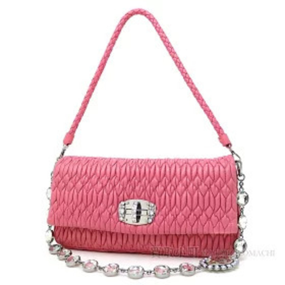 Miu Miu Nappa Crystal Shoulder Bag Pink Lambskin Chain Rhinestones Clutch